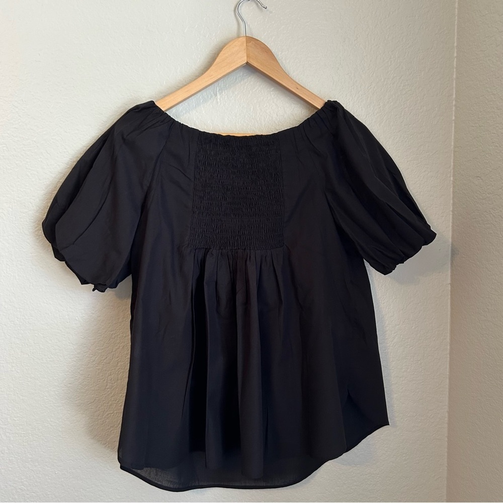 NWT, Harshman Keiko Smocked Puff-Sleeve 100% Cotton Blouse in Black, Size Medium - Picture 6 of 9
